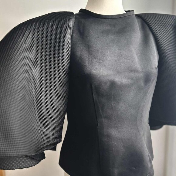Eliane Isaac Black Satin Top with Dramatic Double-Layer Mesh Sleeves – US S - Picture 2 of 6